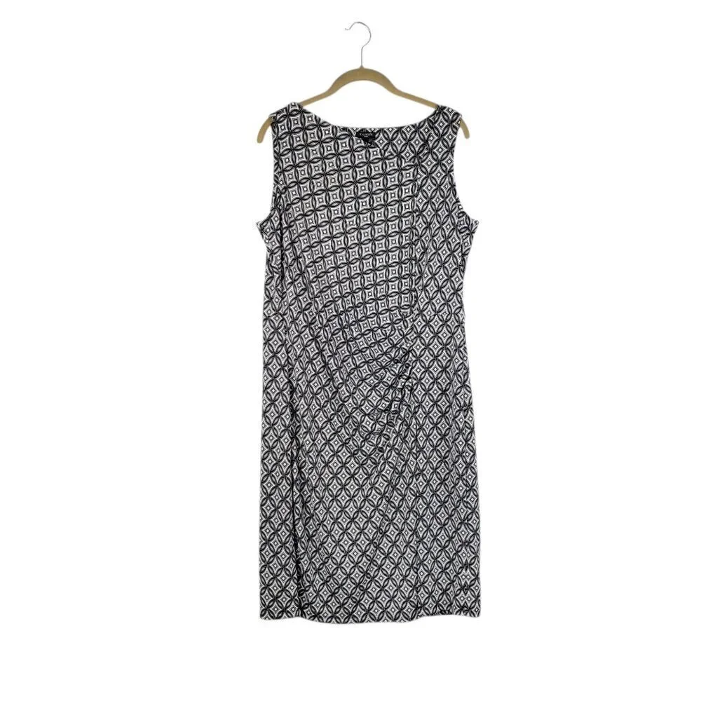 Talbots Sleeveless Dress Asymmetrical Neck Ruched Black White Geometric Size 1X